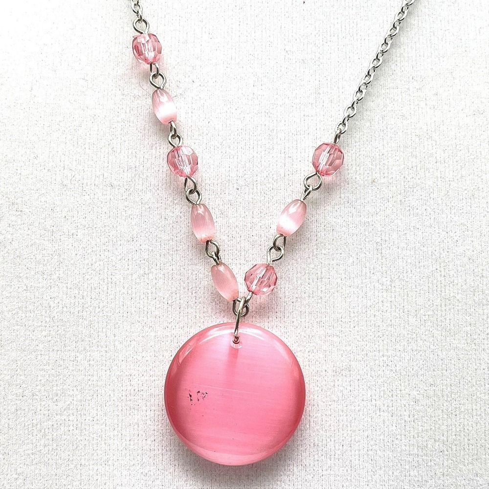 Vintage Silver-tone chain necklace with round pink pendant and accent beads 23In